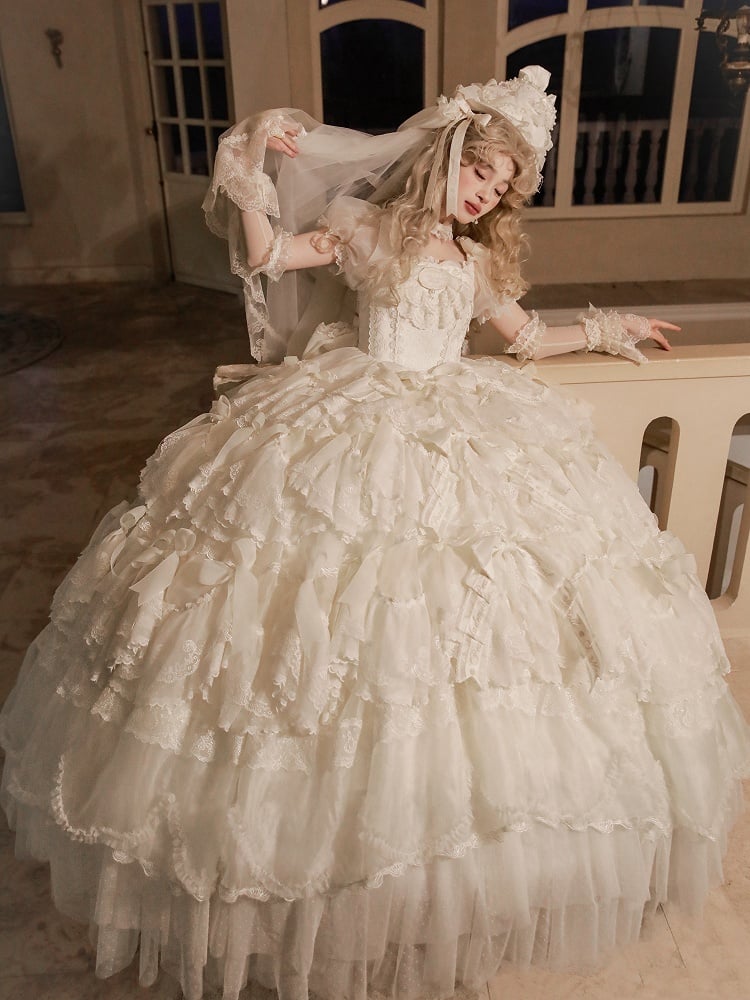 Lolita Wedding Bow Dress / Full Creamy Set White Hanayome Accents Gorgeous