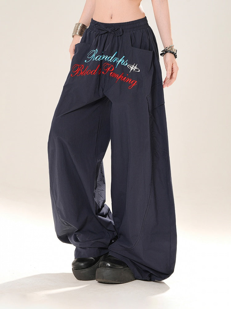 Navy Blue Drawstring Waist Letter Embroidery Wide-leg Casual Pants
