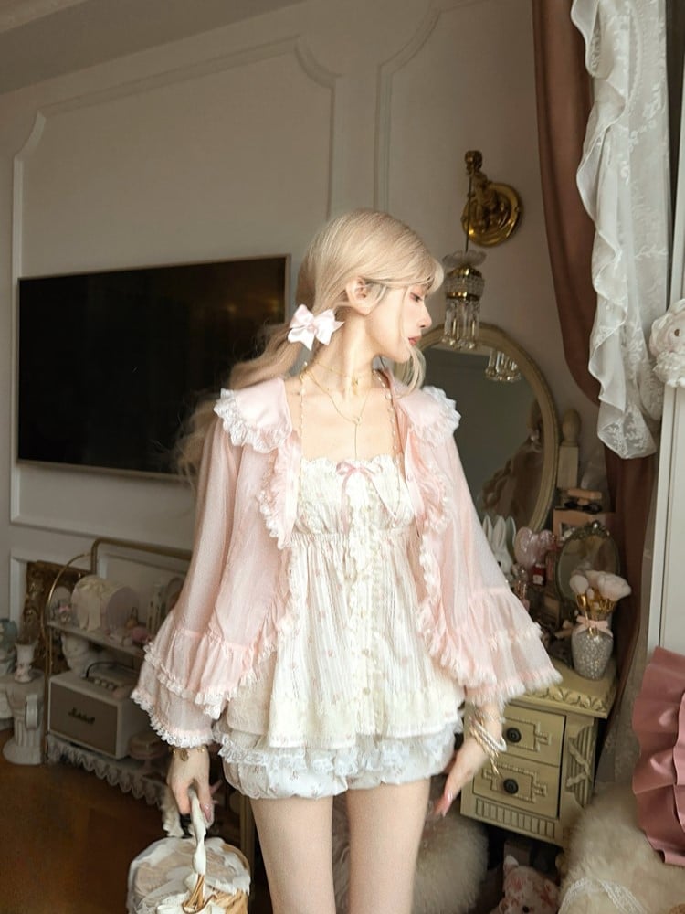 Ruffled Sun-protective Pink Sleeves With Cardigan Bell
