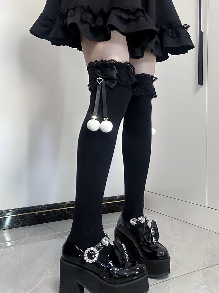 Jirai Kei Pompom-Details Spitzenbündchen Schleifen Overknee-Strümpfe