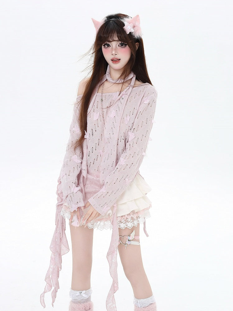 Free Cherry Blossom Pink Asymmetrical Hem Butterfly Coverup Scarf with Accents
