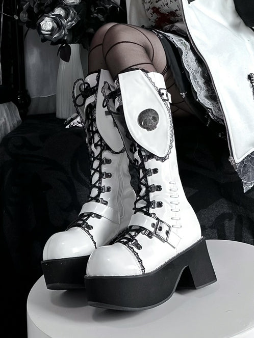 Bad Bunny – Gothic-Plateaustiefel aus weißem PU mit Spitzenbesatz und Hasenohren