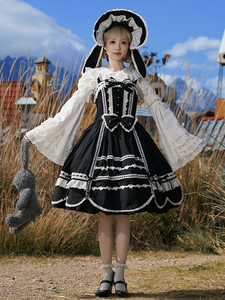 Trimmen Sie alten schwarzen Pullover Saum Schule Rand Kleid gewellten Rock Lolita