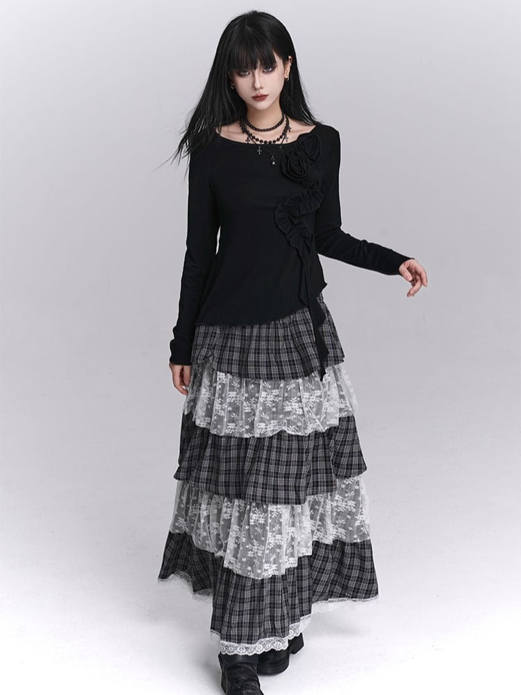 Tiered Skirt Black Layers White Maxi with Low-waist Plaid Lace