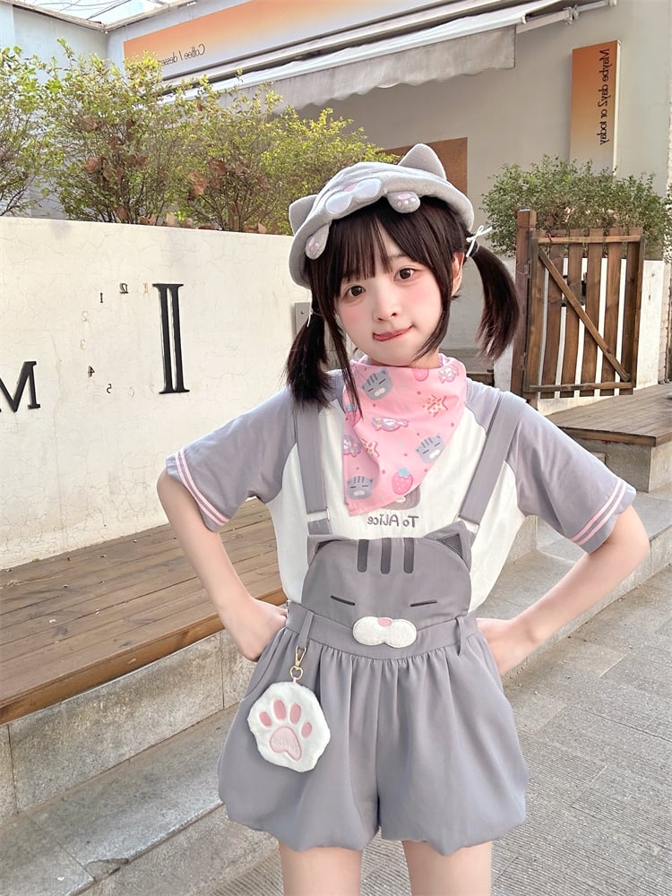 Shorts Bubble Overalls Adorable Kitty Pattern Gray