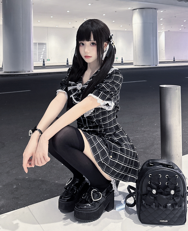 Mini Dress+Shorts Jirai Black Lace-up Plaid Set Embellished Details Kei Waist Rhinestones