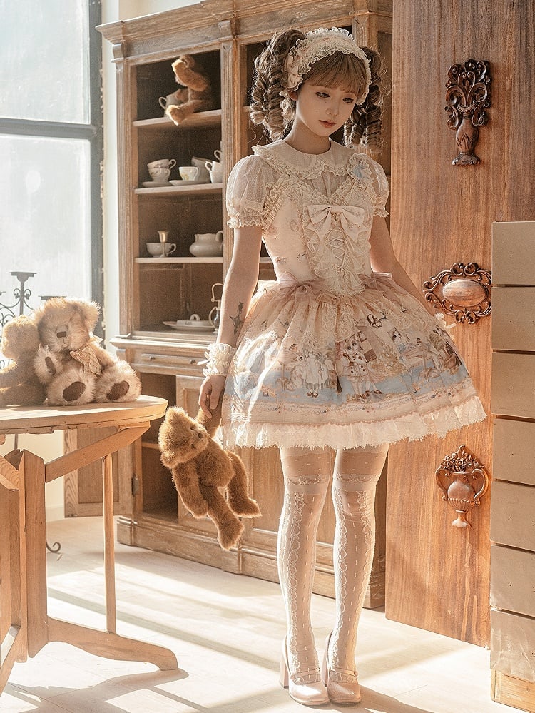 Kleid Volles Mieder Print Teeparty Korsett Set Lolita Kitty Sweet JSK Beige
