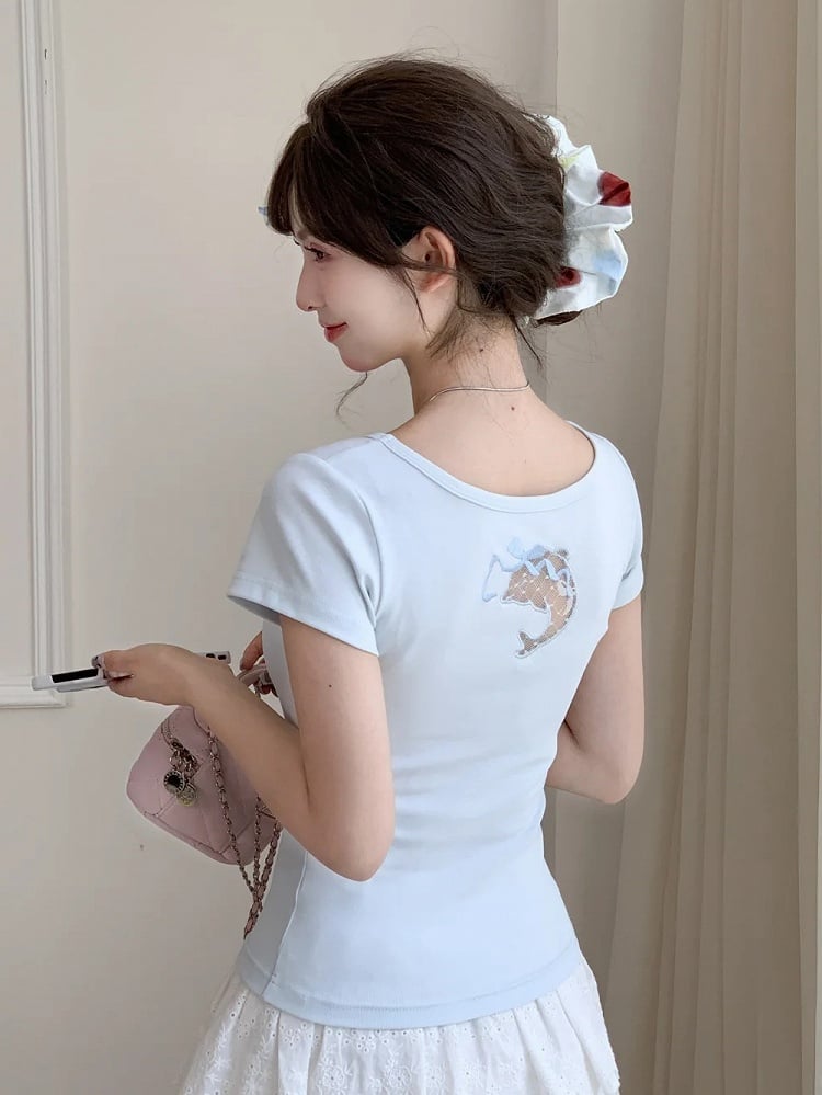 Blue Scoop Neckline T-shirt Dolphin-shaped Cutout Back