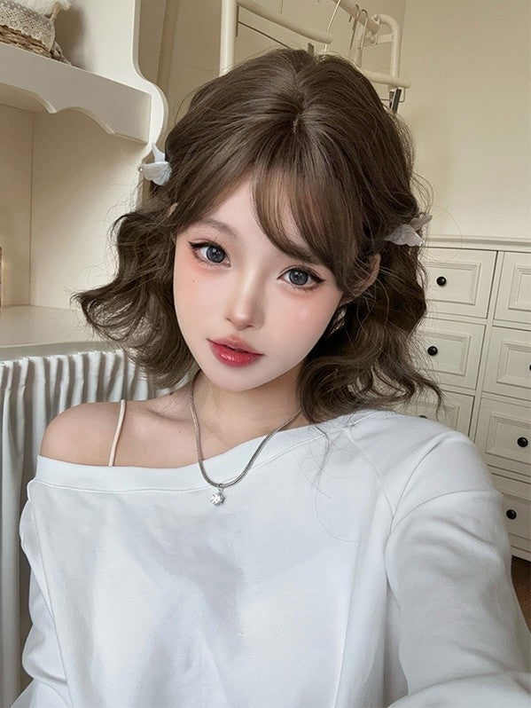 Wig Wavy 35CM With Brown Length Air Bangs