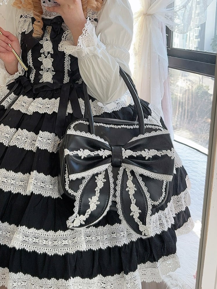 Bag Lolita Bow Sweet PU Square Big Lace with Front School Black White and Old Trim