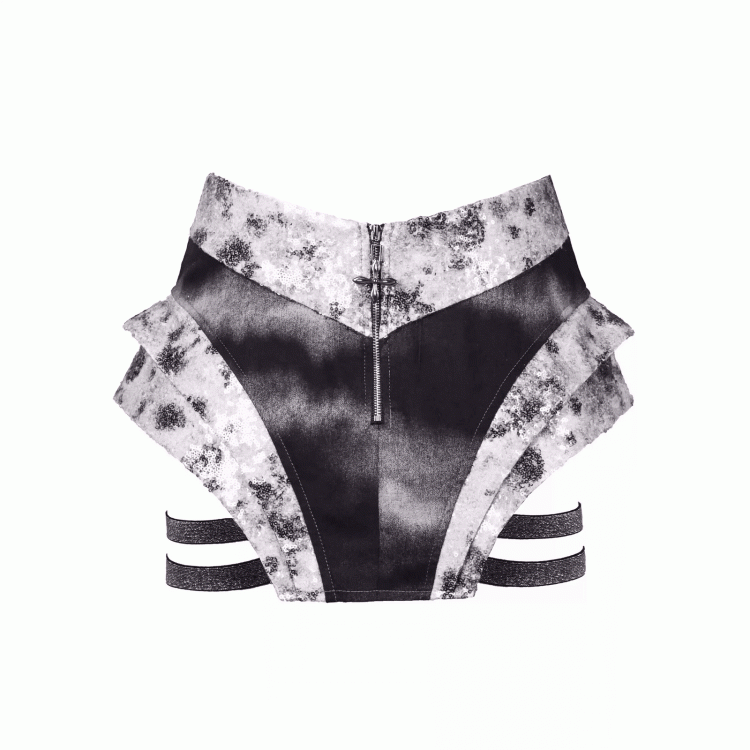 Fashion Asymmetrical Skort Y3K Futuristic Black and Silver Low-Waist Side Elastic Bands Cyberpunk