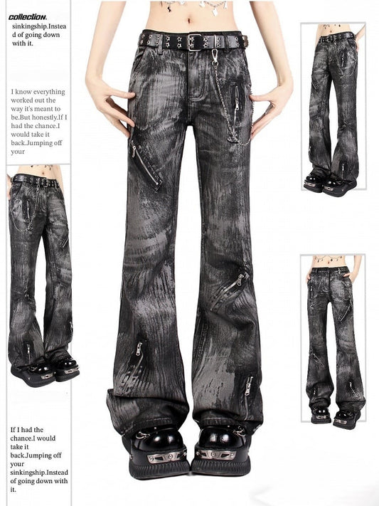 Vintage Punk Graffiti Black Low-Rise Jeans with Asymmetrical Zipper Design