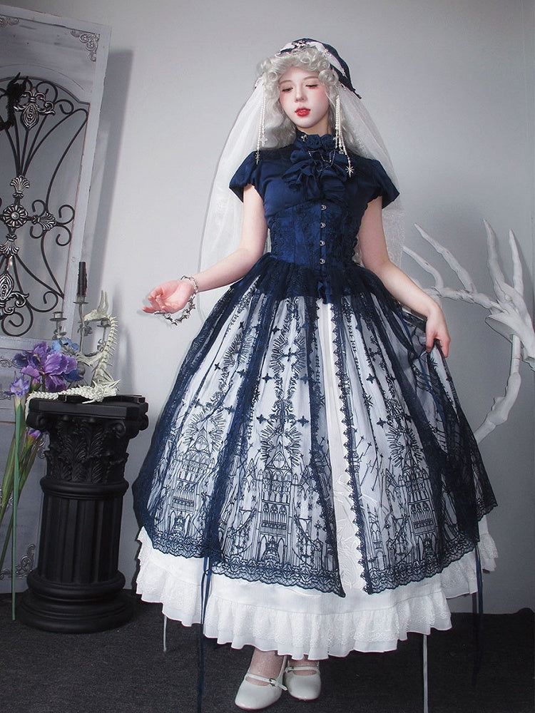 Dark Blue Puff Short Sleeves Gothic Lolita Blouse