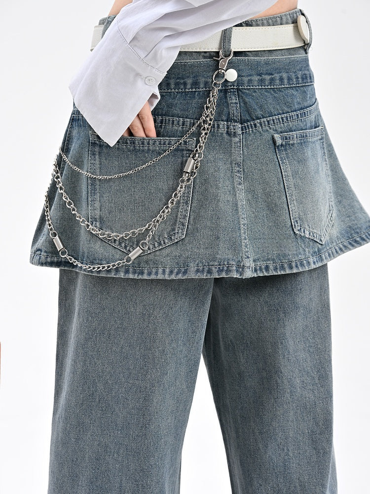 Wide-Leg Jeans with Detachable Skirt Accessory Blue Vintage