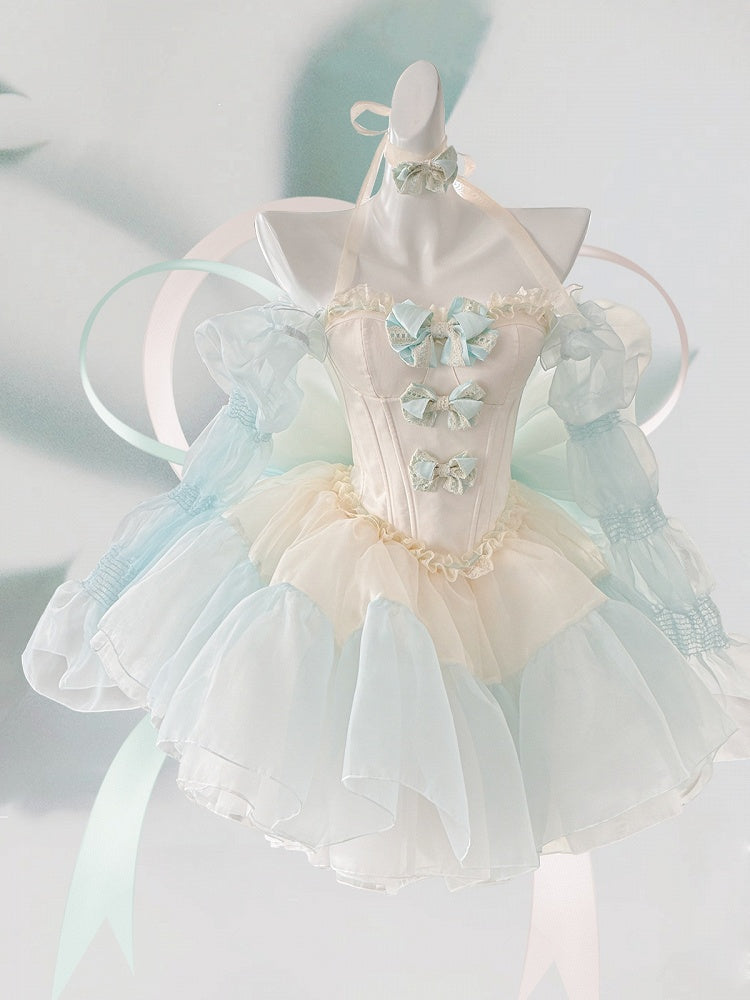 Green Bowknots Decoration Bodice Corset Top with and Puffy Skirt Yellow Set Balletcore
