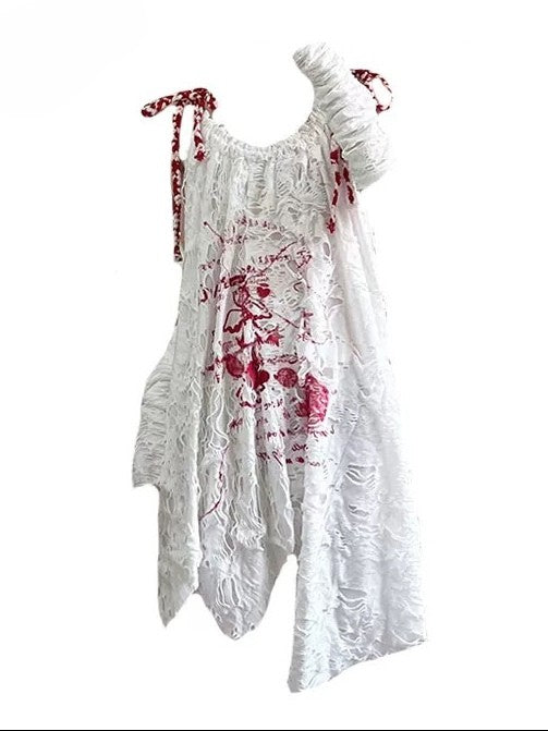 Ärmel mit weißem Design, Ausschnitt, Cami-Print-Kleid, Details Y2K