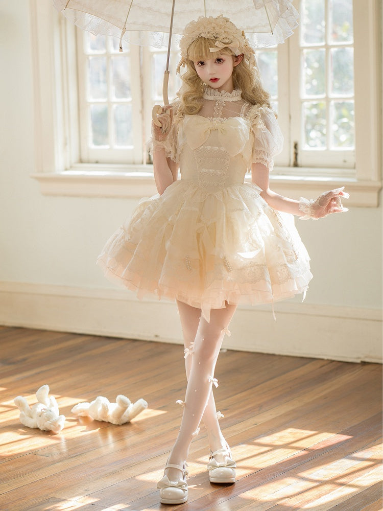 Dress Princess Lolita White Waist on and Ribbon Bows Beads Basque Skirt Creamy