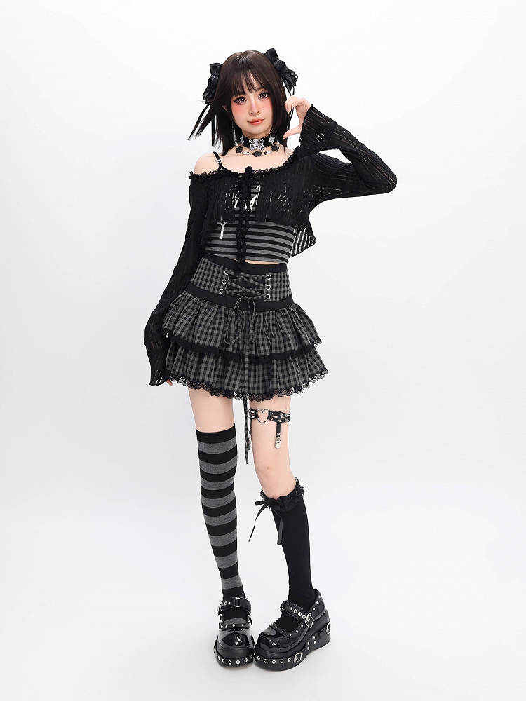 Self-tie Y2K Striped Cami Top with Black Cropped Coverup Set