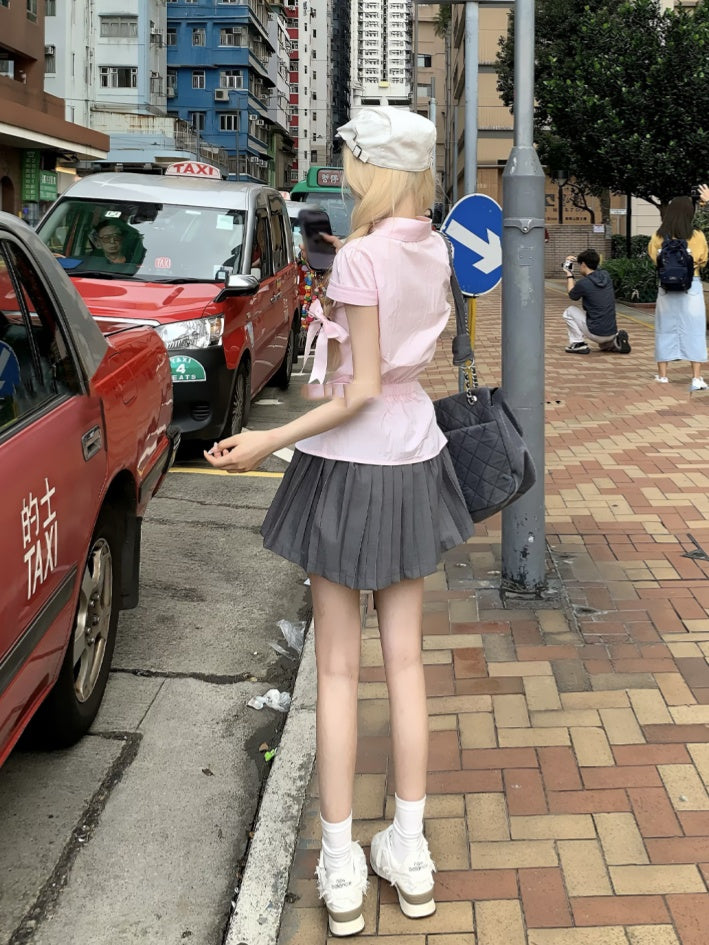 Pleated Skirt Style Preppy Sweet Pink Short Sleeve Shirt/Gray Mini