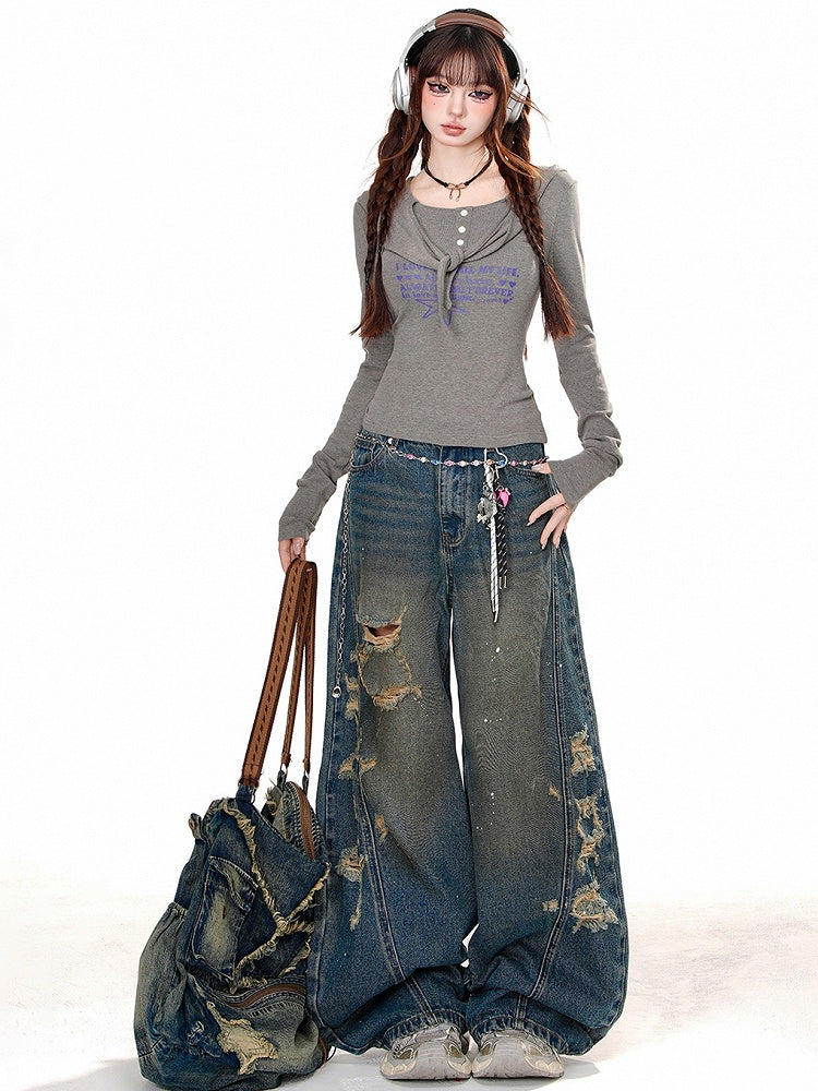 Denim Blue Distressed Holes Wide-leg Cut Jeans