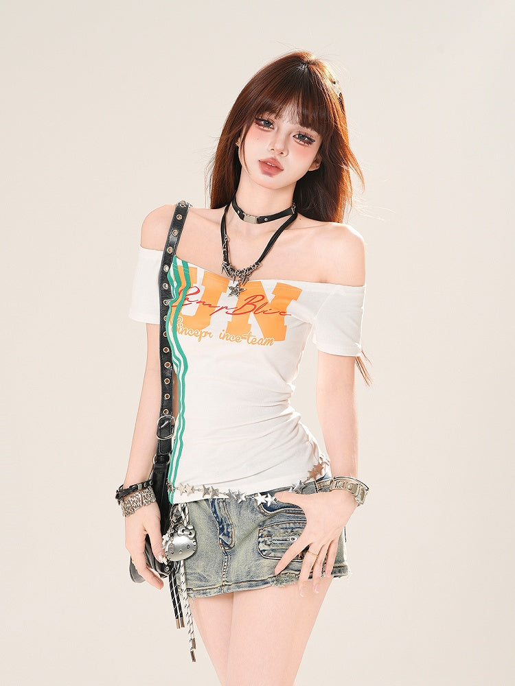 Weiß/Schwarz T-shirt Ausschnitt Brief Druck Off-the-shoulder