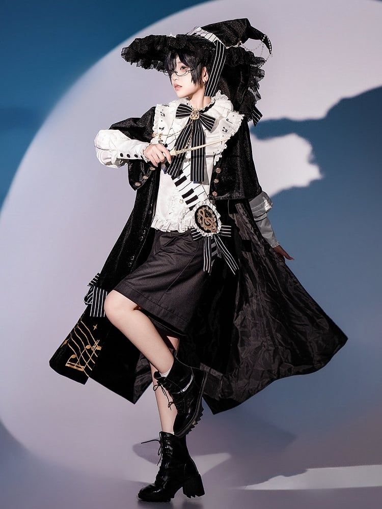 Schwarz-weißes Ouji-Lolita-Komplettset – weißes Hemd + schwarze Shorts + schwarze Robe mit Musiknoten-Aufdruck