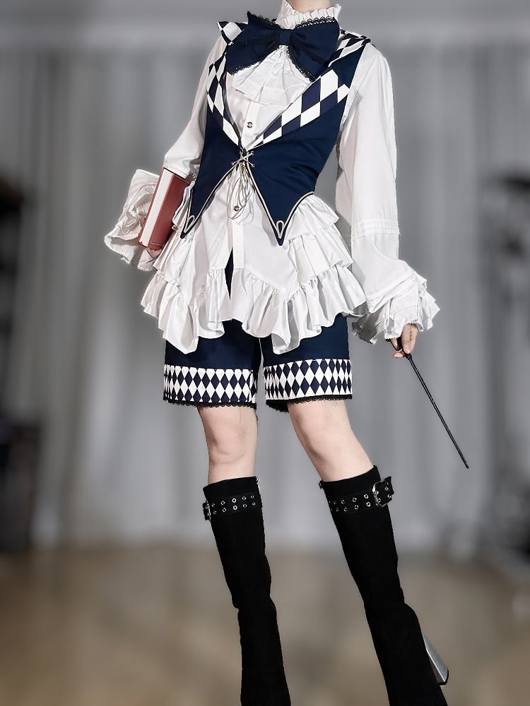 Blue Circus with Vibes Diamond Lolita Pattern Waistcoat Ouji Notched One-Shoulder Dark Collar Cape