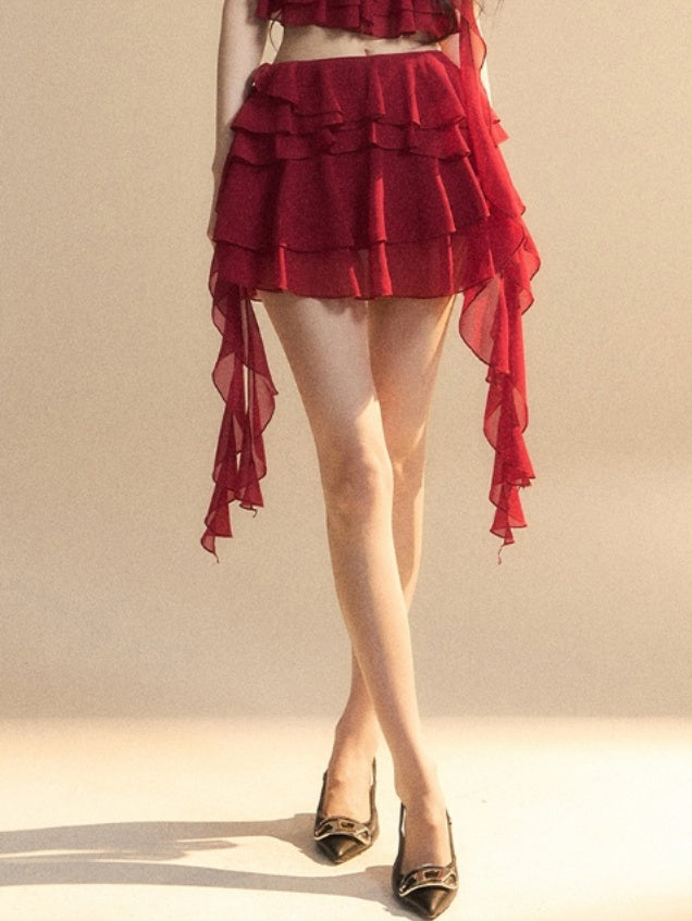 Asymmetrical Ruffled Hem Slim-fitting Mini Tiered Skirt Red Chiffon