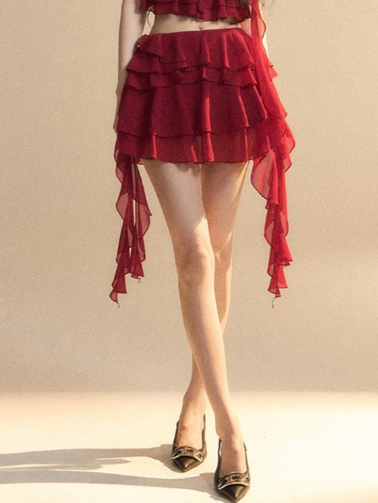 Asymmetrical Ruffled Hem Slim-fitting Mini Tiered Skirt Red Chiffon
