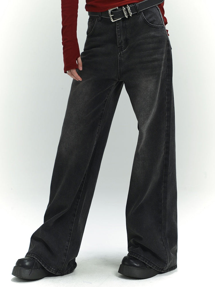 Dark Grey Faded Wash Distressed Vintage Wide-Leg Jeans