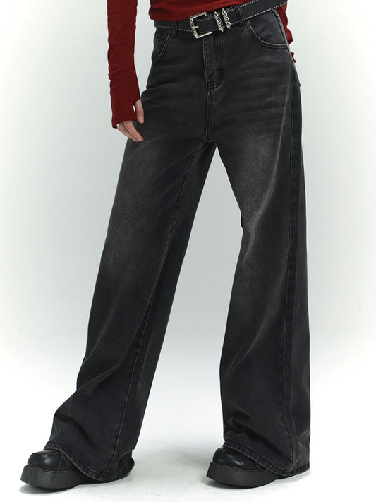 Dark Grey Faded Wash Distressed Vintage Wide-Leg Jeans