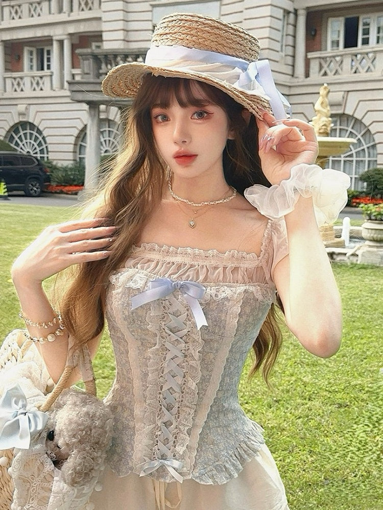 Ruffled Sleeves Blue Corset Hem Peplum Puff Top Faux Two-Piece With