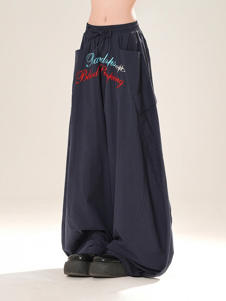 Navy Blue Drawstring Waist Letter Embroidery Wide-leg Casual Pants