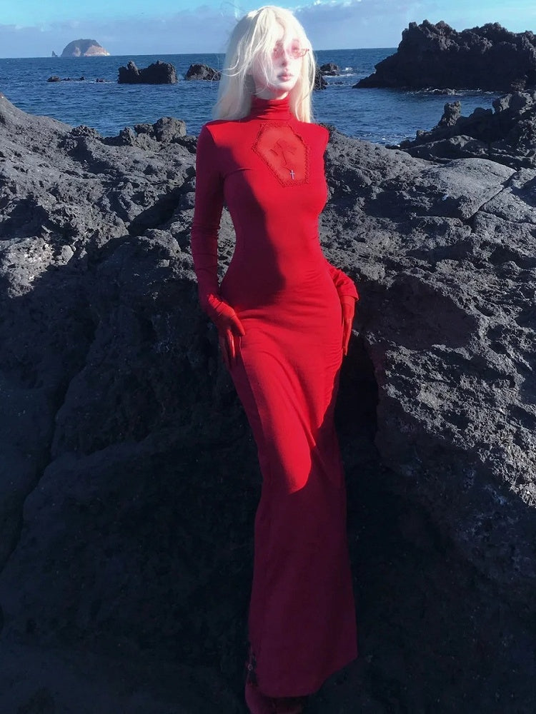 Gothic Red Coffin Cutout Cross Details High Neck Mermaid Skirt Maxi Dress