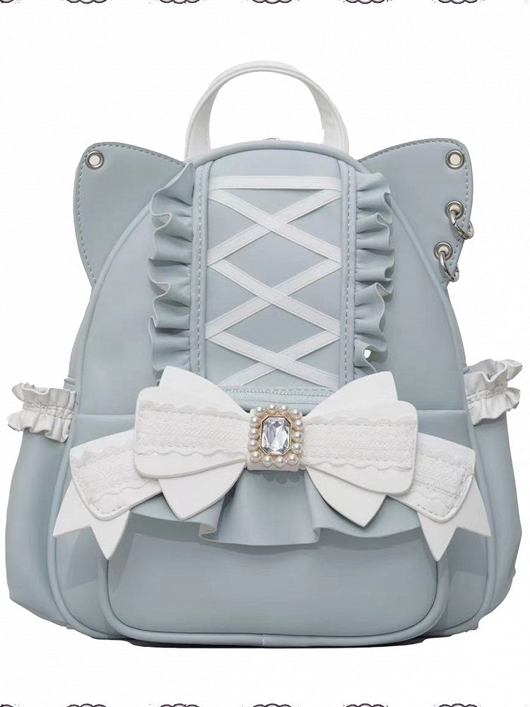 Jirai Kei Blauer Rucksack mit Katzenohren und Schleife aus Perlen und Strass
