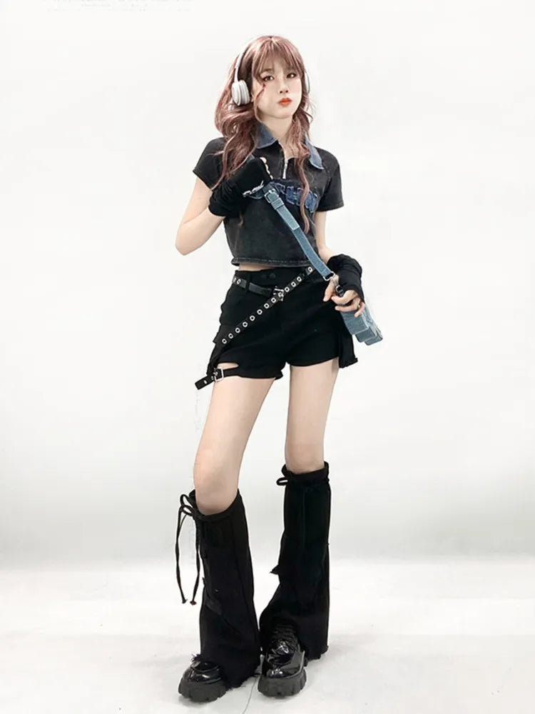 Pocket Black + Leg Star Warmers Denim Flared Design Cargo Shorts