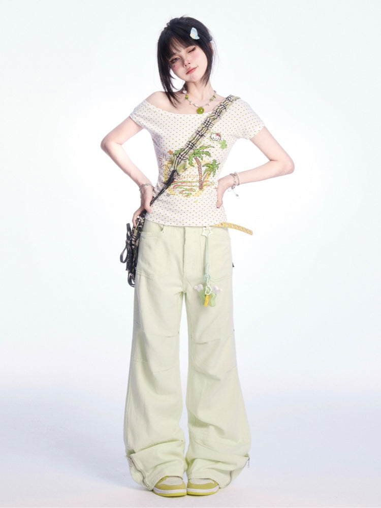 Pants Light Green Low Waist Zip Cuffs Wide-leg Cargo
