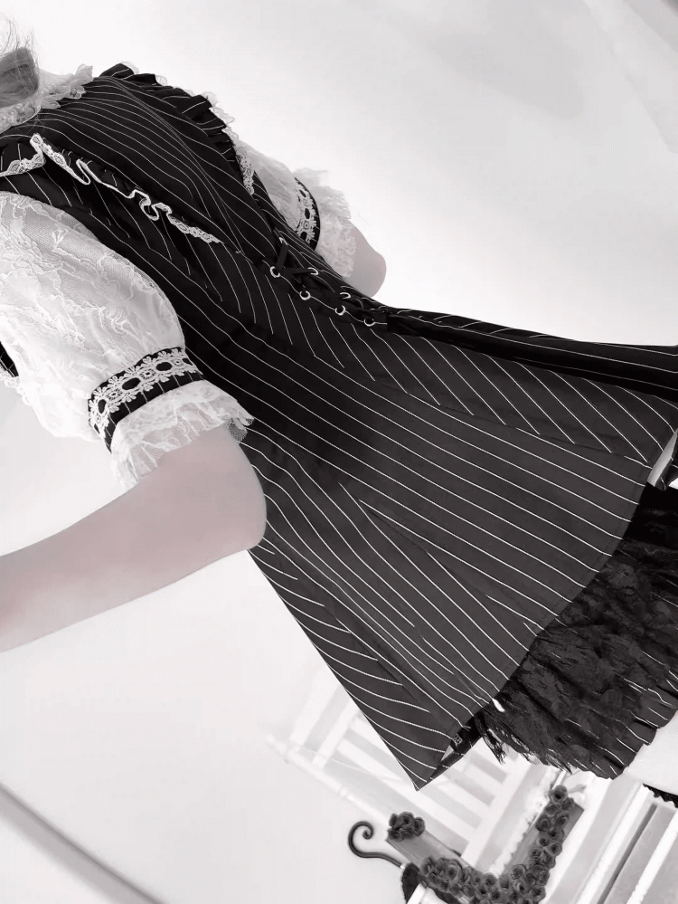 Mini Dress + Shorts Lace-up Back Neckline Illusion + Black Striped Jirai Kei Set- Bow Tie