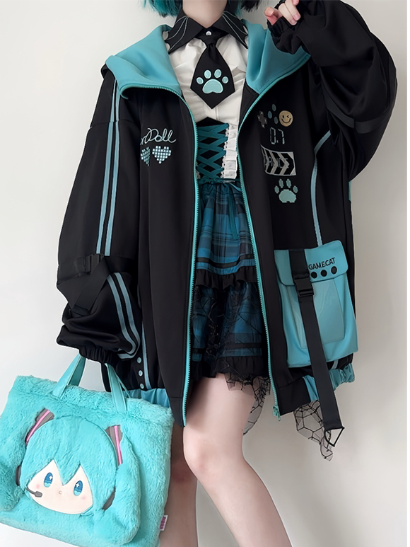 Hooded Techwear Black Futuristic Jacket Blue and Cyberpunk