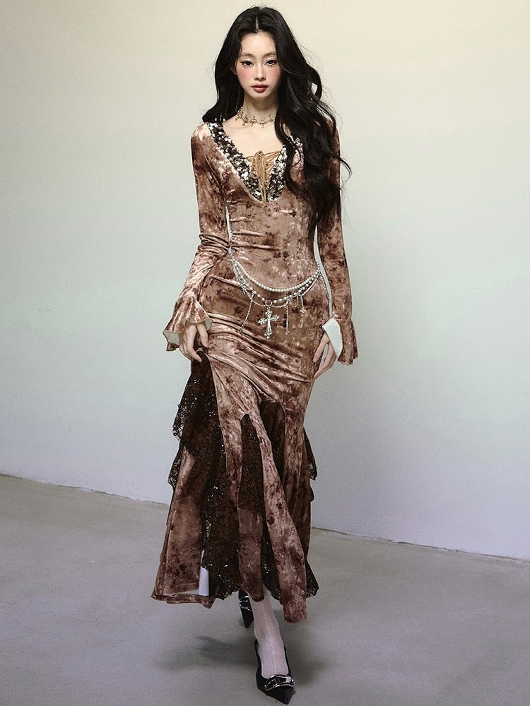 Coffee Sequins V-neck High Waist Lace Patchwork Flounce Mermaid Skirt Velvet Dress Evening Gown