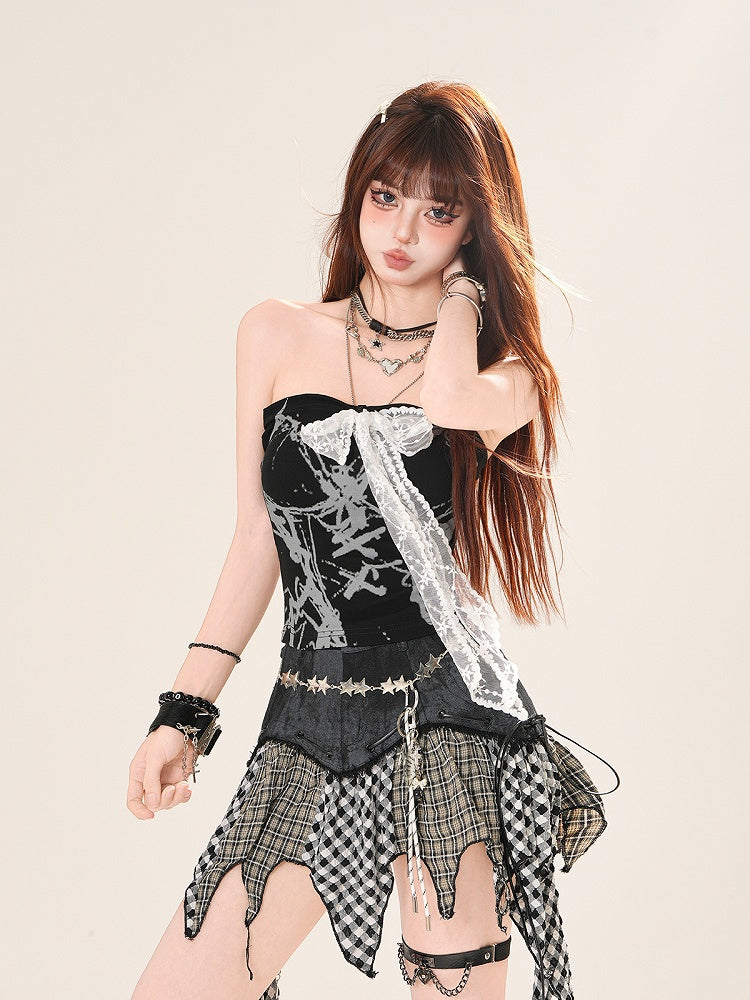 Strapless Top Red/Black Lace Bow Front Glamorous