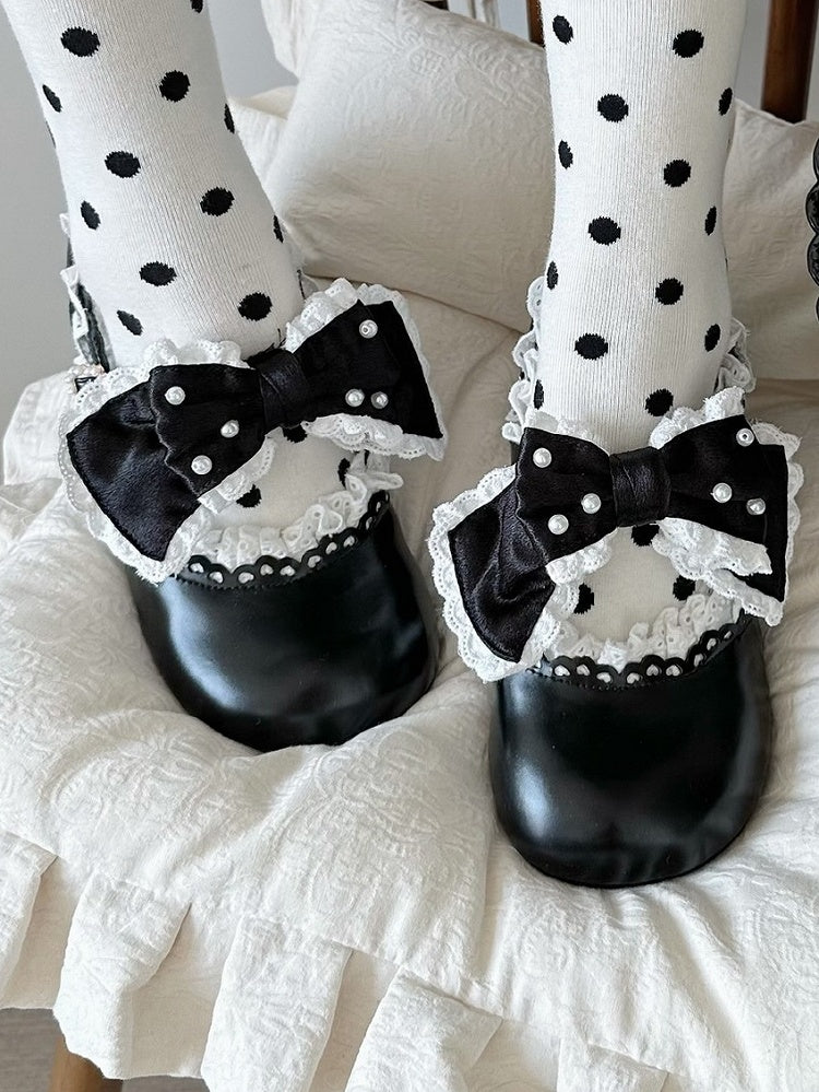 Bow Sweet Beaded Accent Scalloped-Edge with Mary Black Strap Buckle Decorated Leather - Janes Lolita PU