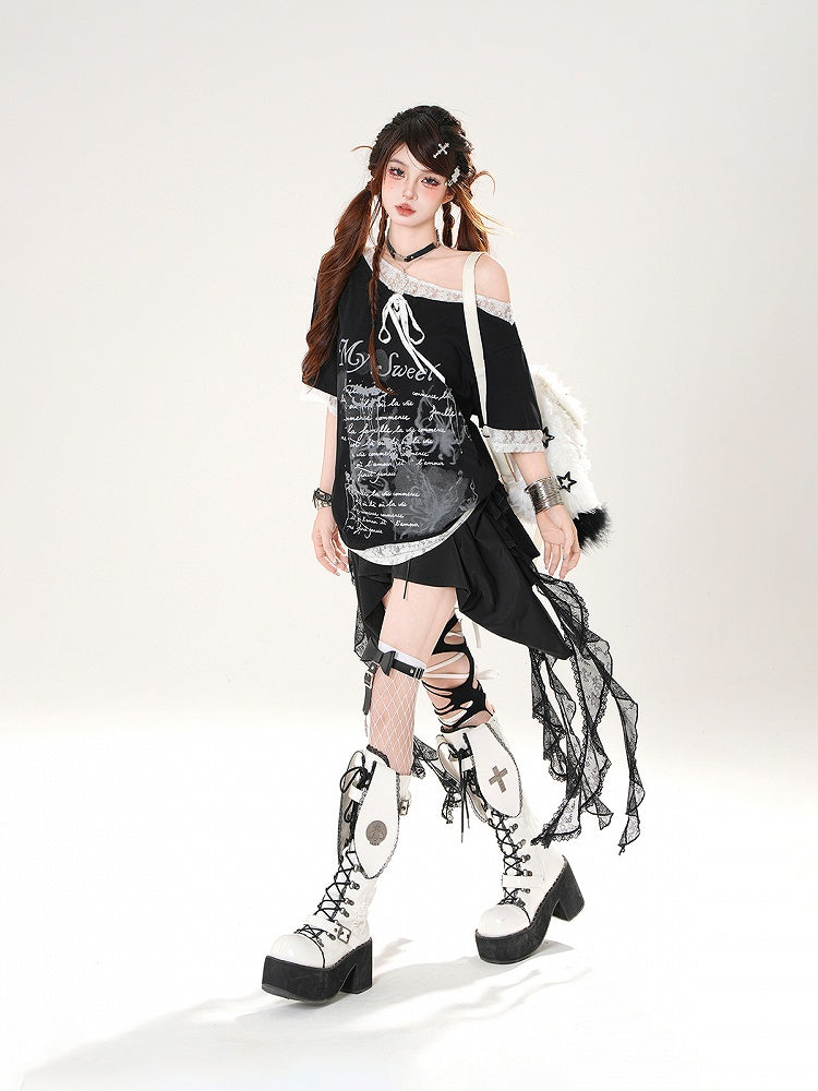 Loose Asymmetrical Neckline Lace Trim Butterfly Print Black/White T-shirt