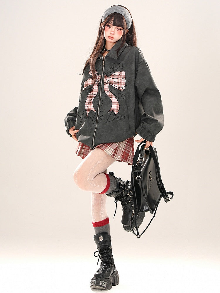 Black Plaid Bowknot Zip Placket Jacket