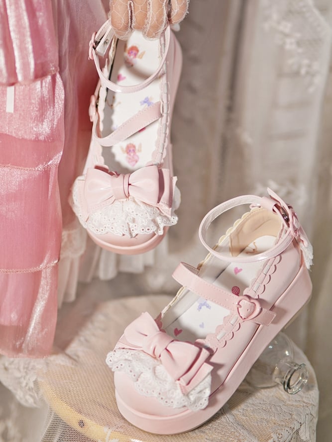Top Heart Platforms Buckles at Bow Baby Pink Trim Lace