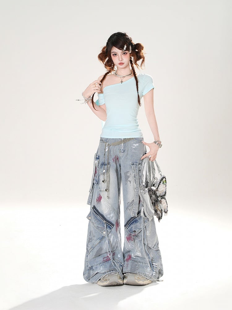 Low Details Distressed Spray Paint Print Blue Wide-leg Jeans Rise Zipper
