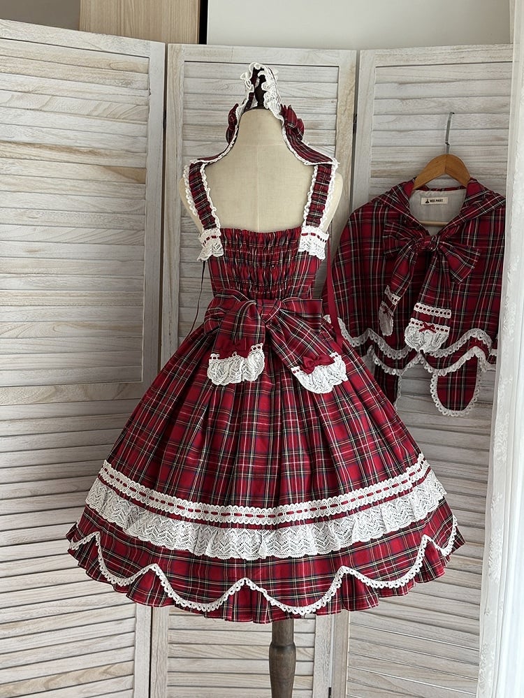 with Accents Skirt Scalloped Jumper Sweet Plaid Lolita Bow Edge Red Trim