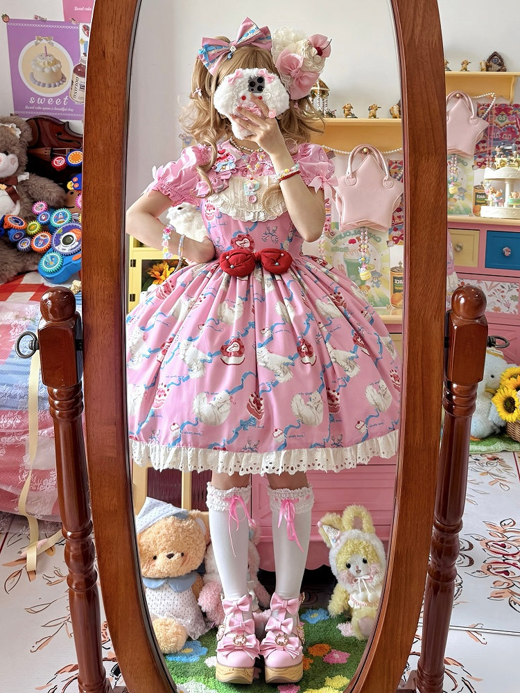Kitty Cake Fashion Dress Sweet and Showa Pink Lolita Print Cherry