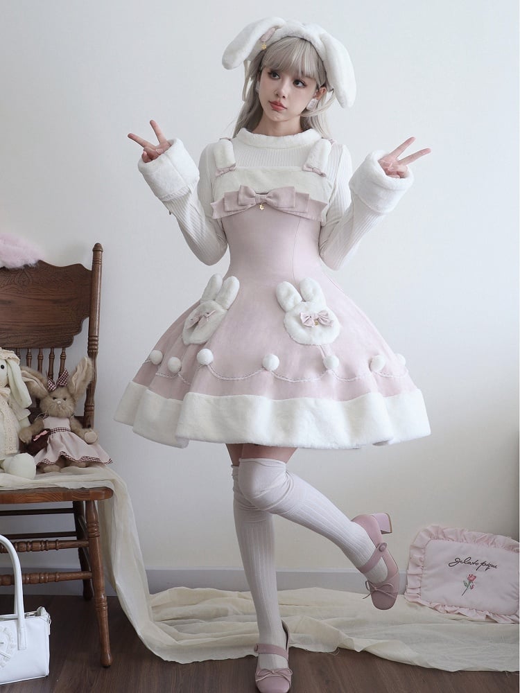 Rosa Lolita-Kleid mit süßem Winterhasen-Motiv und Plüsch-Ausschnitt und -Saum