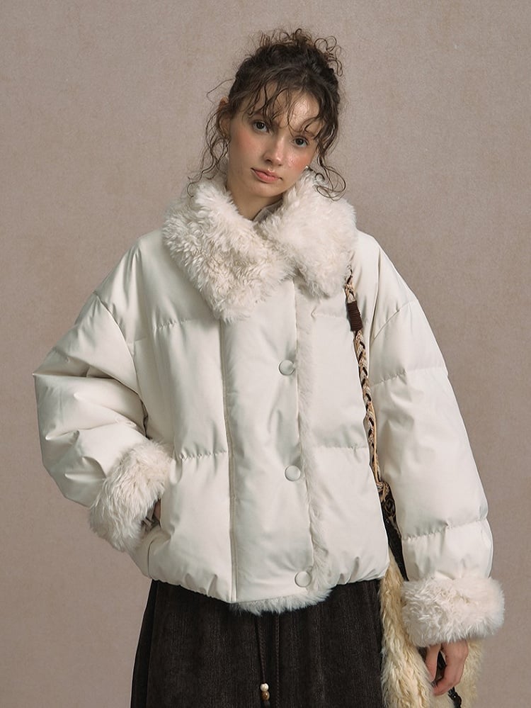 Beige/Brown Short Puffer Jacket with Faux Fur Trim and White Duck Down Filling